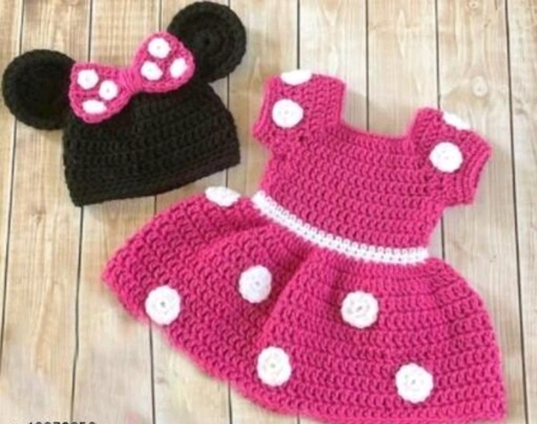 Handmade Woolen Little Baby Knitted Short Sleeve Frock With Mickey Cap  - 3-6 Months